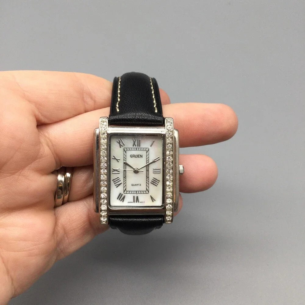 Gruen Womens Watch 28mm White Dial Crystal Bezel Black Leather New Battery